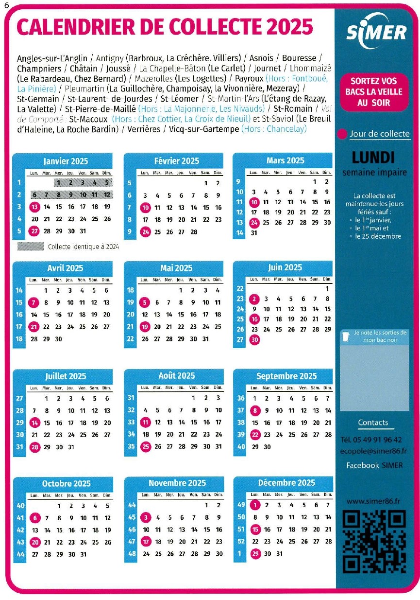 calendrier collecte SIMER 2025